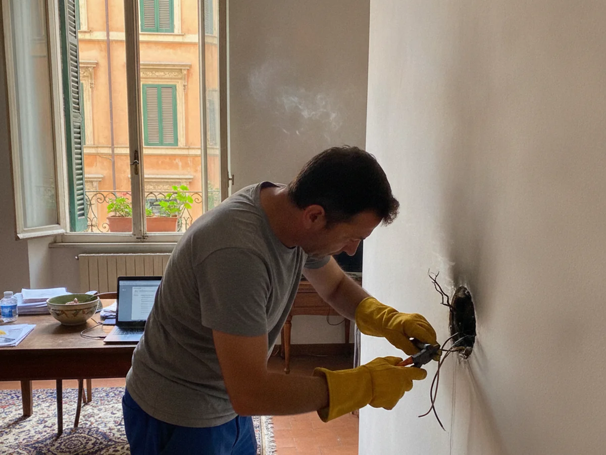 Mani di elettricista che riparano un cablaggio